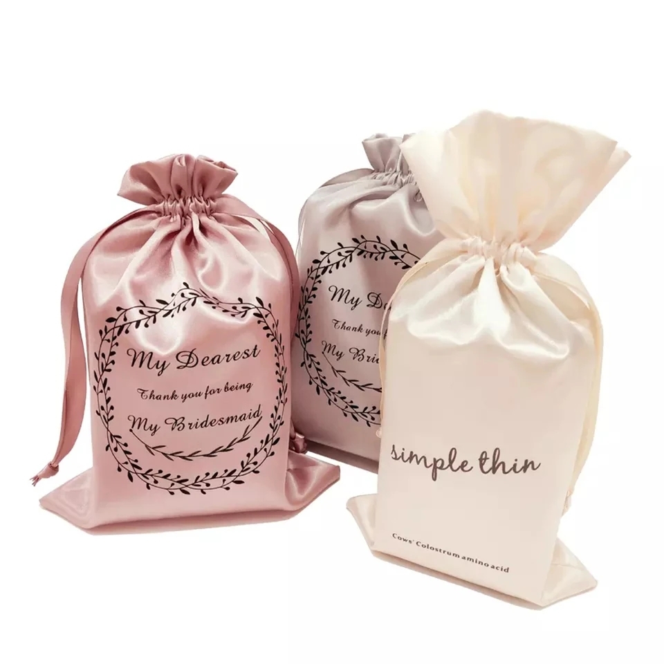 Silk Satin Bag With Logo Printed  Jewelry Dust Drawstring Gift Packaging With Ribbon