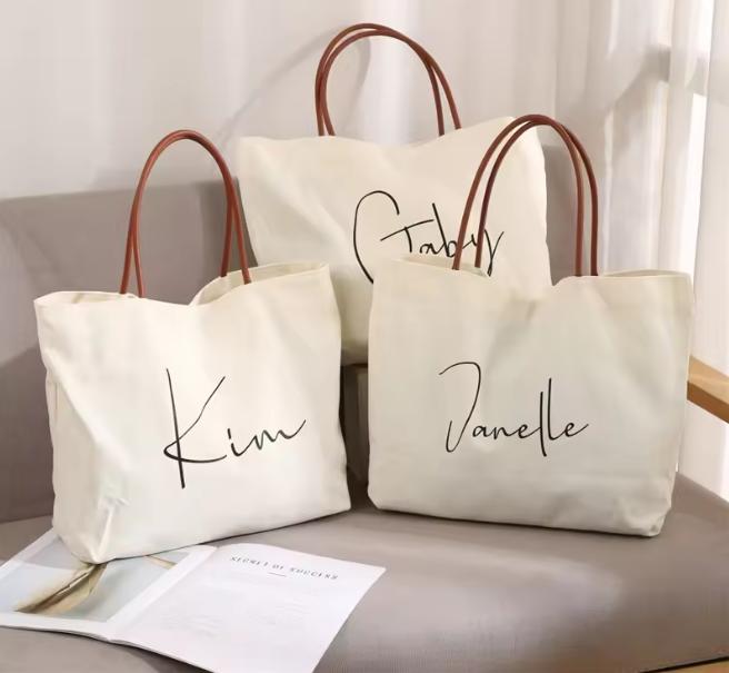 Wholesale Custom Logo Large-Capacity Cotton Tote Bag with Leather Handles