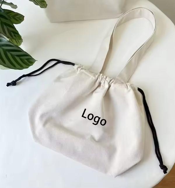 Customizable Cotton Tote Bag with Drawstring and Logo – Letter Print, Reusable, Ideal for Daily Use or as a Gift Bag