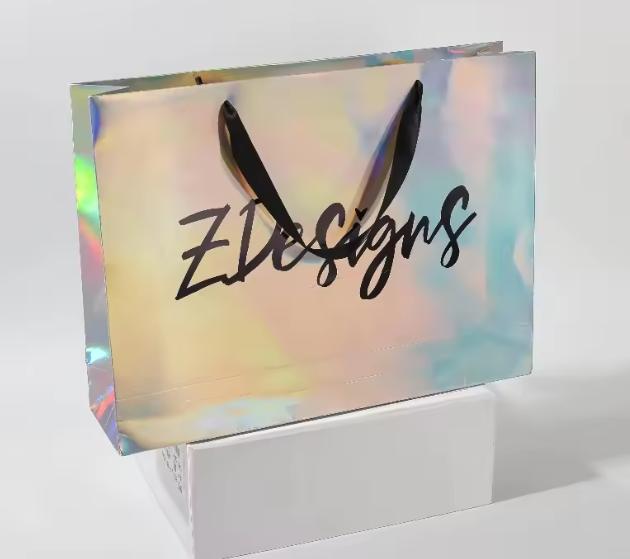 Iridescent Laser Gold/Silver Cardstock Shopping Bag – Thick 250g Paper, Integrated Handle, Hot-Stamppable Logo, Trendy Tote