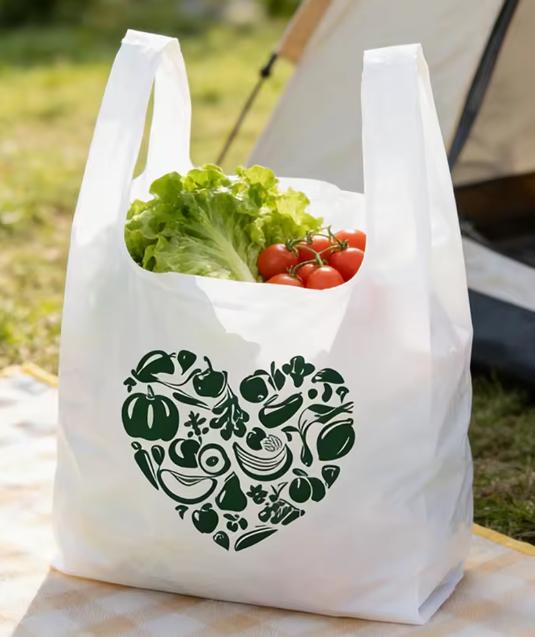 Vest-style plastic shopping bags | Integrated handles for superior durability; customizable with logos and designs; available in various sizes for wholesale